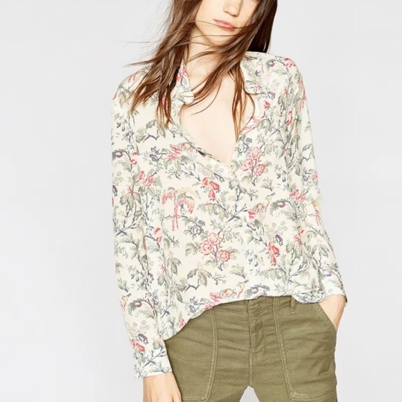 The Kooples 100% Silk Shirt Women Small Long Sleeve Floral Button Up Peacock NEW - Picture 1 of 14